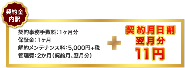 契約事務手数料：1ヶ月分 保証金：1ヶ月 解約メンテナンス料：5,000円+税 管理費：2か月（契約月、翌月分） 契約月日割翌月分11円